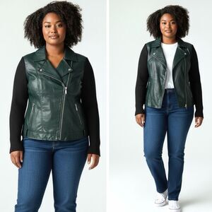 NWT Linea by Louis Dell'Olio Green  Leather Moto Jacket Knit Details 22W Vtg